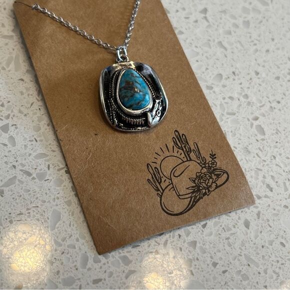 1 Pc Western Turquoise Stone Decor Cowboy Hat Pendant Necklace - Picture 5 of 12
